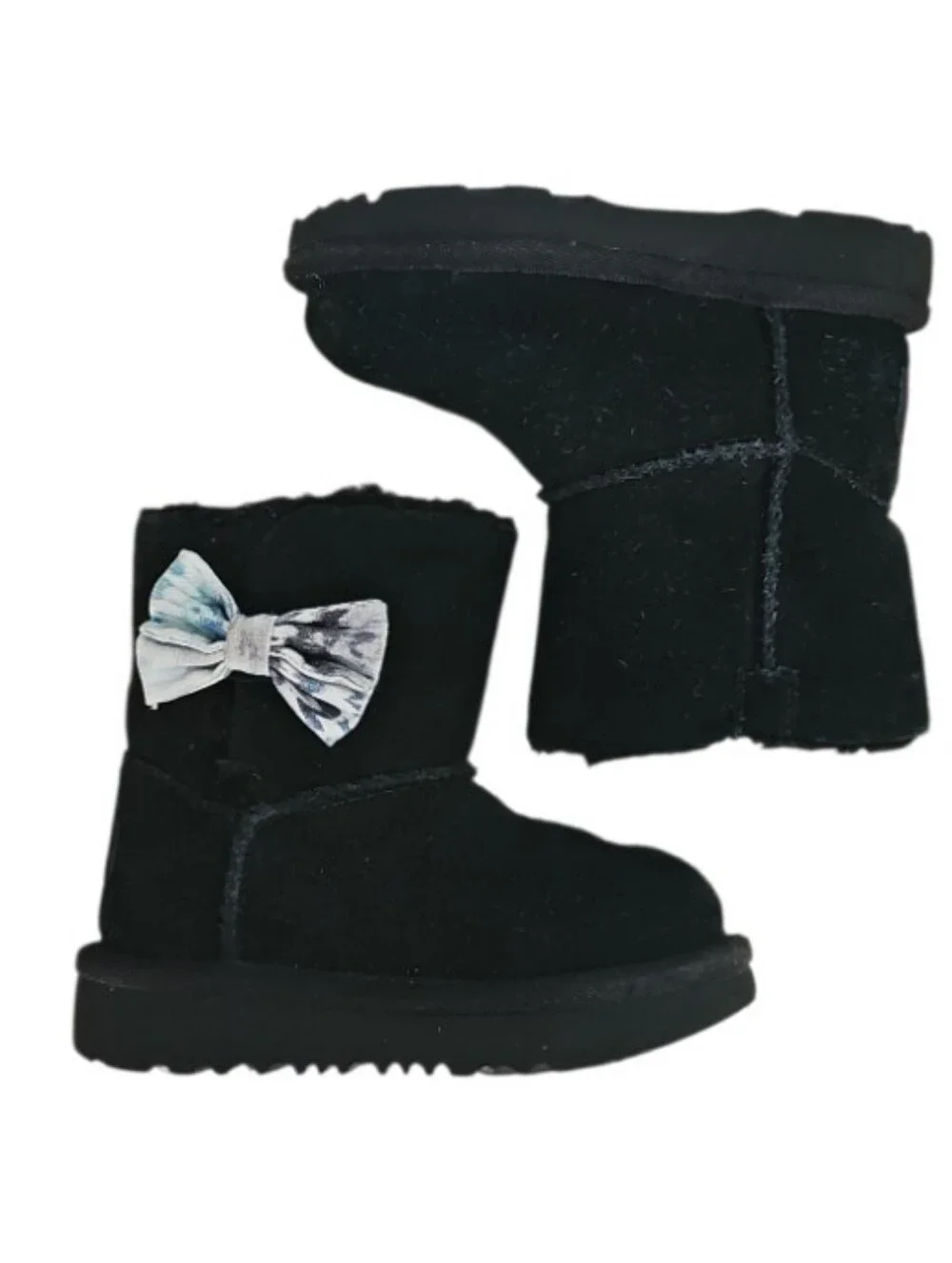 UGG Classic Mini II Boots Girls 7 Black Tie Dye Bow Sheepskin Wool Winter Shoes